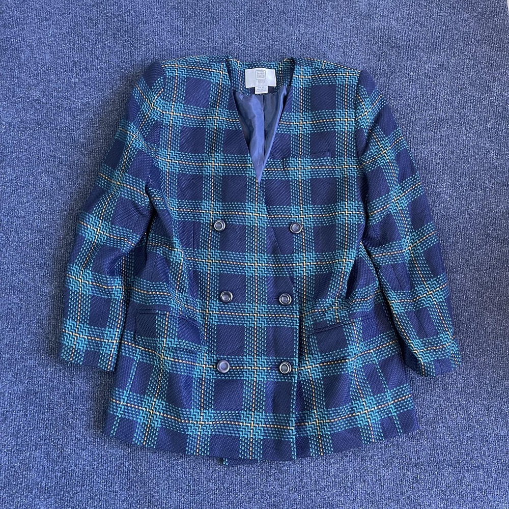 Vintage Amanda Smith Blazer Jacket Womens 8 Petite Blue Plaid‎ Double Breasted